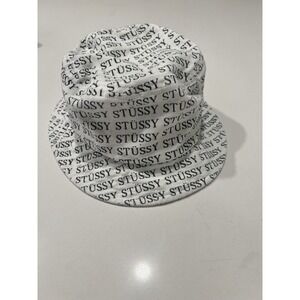Stussy Bucket Hat White Black Logo Print XS/S Men's Streetwear Fashion
